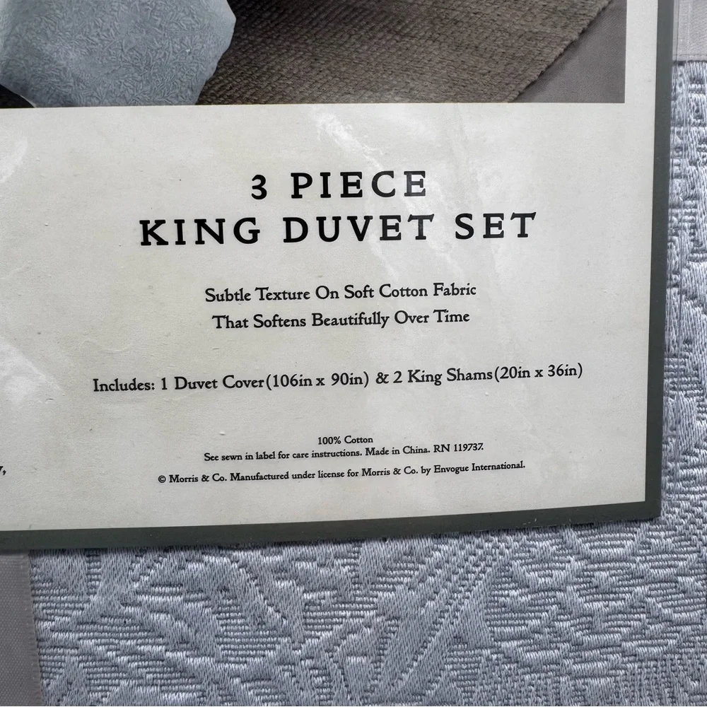 NEW 3 Pc William Morris & Co Bird and Anemone Light Blue King Duvet Set Textured